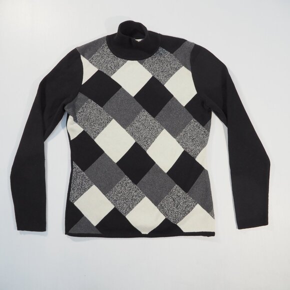 Geoffrey Beene Sport Sweater Womens Medium Black Colorblock Patchwork Argyle - Picture 8 of 8